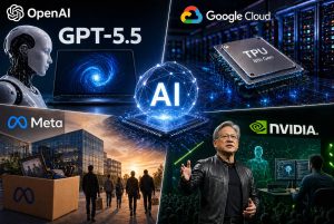 ترکیبی از لوگوهای OpenAI، گوگل کلود، متا و انویدیا همراه با تصویر GPT‑5.5، تراشه TPU نسل هشتم و صحنهای از خروج کارکنان از ساختمان متا
