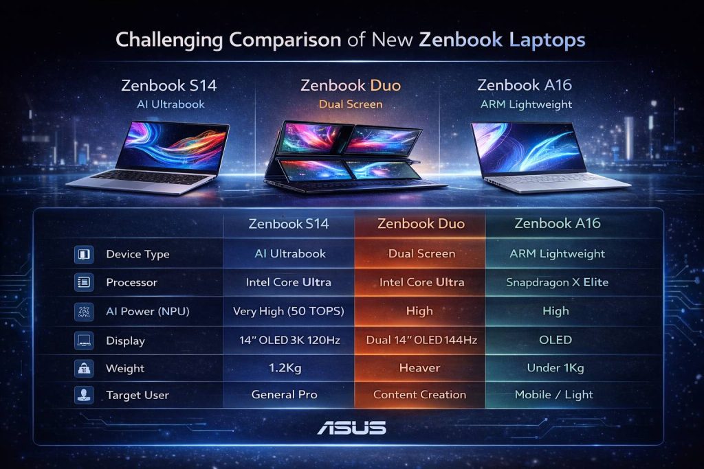 مقایسه گرافیکی لپتاپهای Zenbook S14، Zenbook Duo و Zenbook A16 ایسوس شامل نوع دستگاه، پردازنده، توان AI، نمایشگر و وزن.