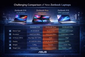 مقایسه گرافیکی لپتاپهای Zenbook S14، Zenbook Duo و Zenbook A16 ایسوس شامل نوع دستگاه، پردازنده، توان AI، نمایشگر و وزن.
