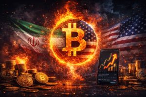 تصویری مفهومی از بازار جهانی بیتکوین با نماد درخشان BTC در مرکز، همراه با پرچمهای ایران و آمریکا و نمودار صعودی قیمت.