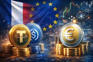 نمایش استیبلکوینهای دلاری و توکن یورویی در کنار پرچم اتحادیه اروپا و فرانسه، نماد رقابت ارزی در بازار کریپتو.