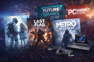 پوستر ترکیبی بازیهای Pragmata ،Last Flag و Metro 2039 همراه با کنسول Neo Geo AES+ در کنار لوگوهای Future Games Show و PC Gaming Show