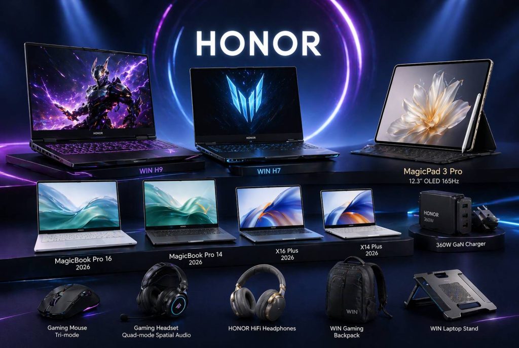 پوستر رونمایی از مجموعه محصولات جدید HONOR شامل لپتاپهای گیمینگ WIN H7 و WIN H9، مدلهای MagicBook 2026، تبلت MagicPad 3 Pro با نمایشگر ۱۲.۳ اینچی OLED و شارژر ۳۶۰ واتی GaN