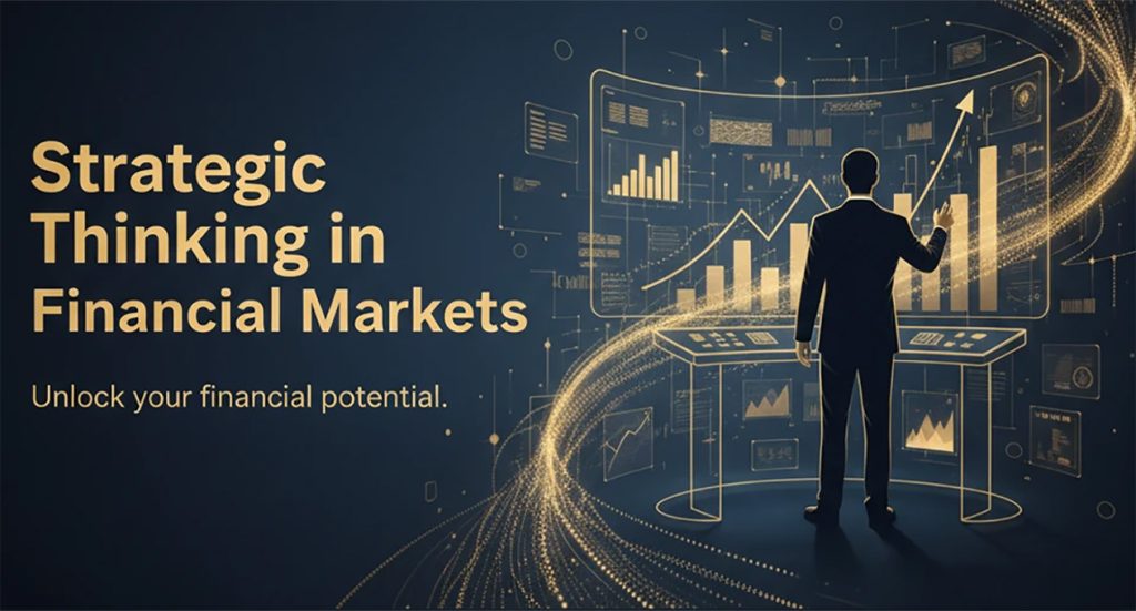 A businessman analyzing data on large digital screens with rising financial charts and golden lines symbolizing growth and strategy, on a dark background
