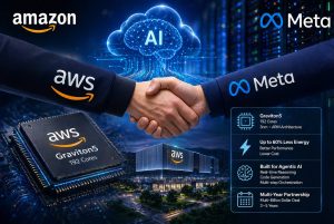 دست دادن نمایندگان متا و آمازون با نماد هوش مصنوعی و تراشه Graviton5 AWS در پسزمینه همکاری چندمیلیارددلاری
