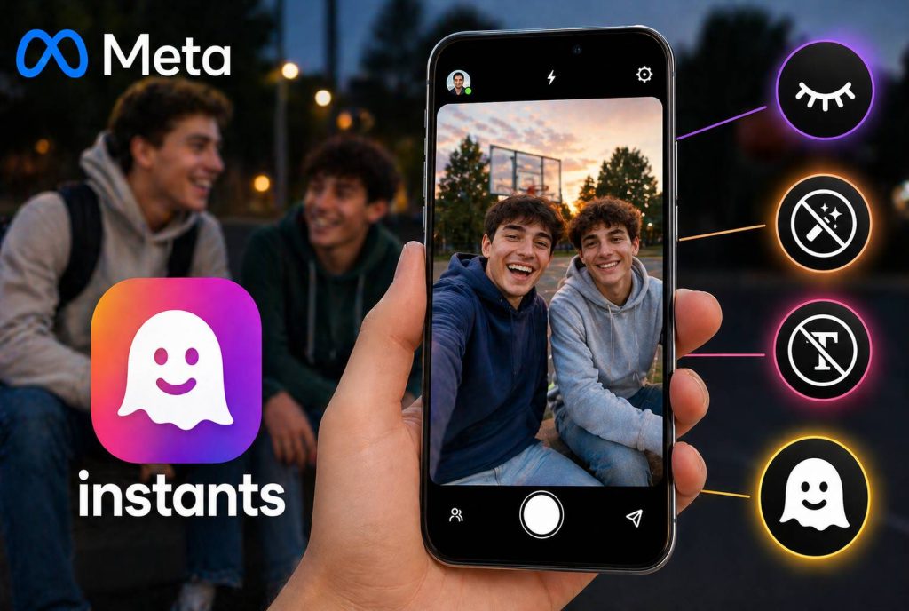 پوستر معرفی اپلیکیشن جدید Meta به نام Instants؛ نمایش لوگوی رنگارنگ اینسنتس با آیکن روح، رابط دوربین روی گوشی هوشمند و چند نوجوان در پسزمینه، بهعنوان رقیب تازه اسنپچت