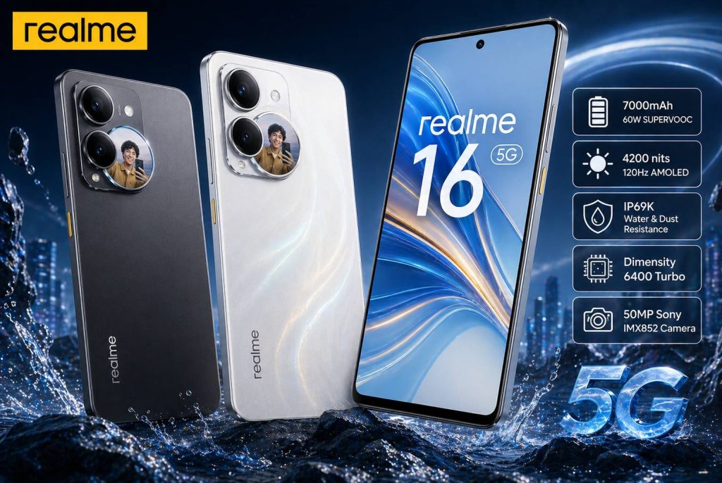 نمایی از گوشی Realme 16 5G با طراحی دوگانه دوربین، نمایشگر ۱۲۰ هرتز AMOLED و ویژگیهای باتری ۷۰۰۰ میلیآمپر و مقاومت IP69K