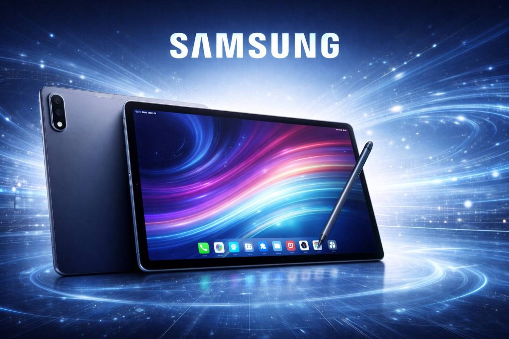 تبلت Samsung Galaxy Tab با قلم S Pen در پسزمینه دیجیتالی آبی و لوگوی سامسونگ